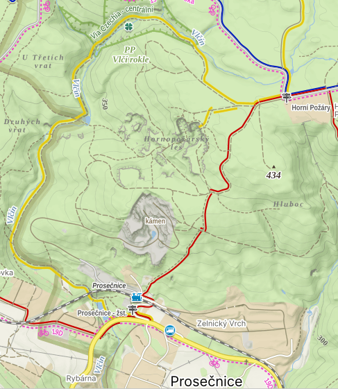 Mapka okruhu výletu z Prosečnice přes Sekanou skálu a Vlčí rokli
