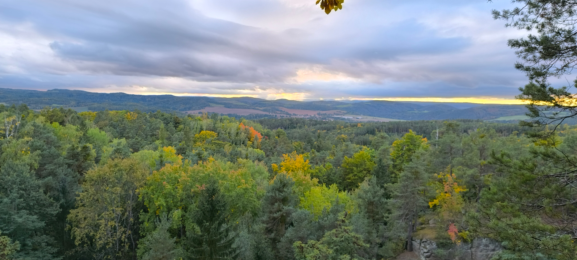 Panoramatický výhled ze Sekané skály na Hornopožárský les a údolí Posázaví za soumraku